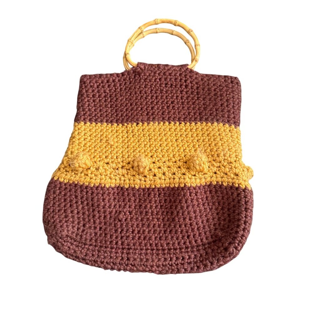 Vintage Handcrafted Crochet Tote Bag With Bamboo Handles